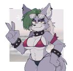 2024 anthro arm_tuft big_breasts bikini black_bikini black_clothing black_swimwear bracelet breasts canid canine canis chest_tuft clothing collar crazysnuft ear_piercing ear_ring elbow_tuft emanata eyewear eyewear_on_head female five_nights_at_freddy&#039;s five_nights_at_freddy&#039;s:_security_breach fur gesture green_hair grey_body grey_fur grey_hair hair hand_gesture hi_res inner_ear_fluff jewelry looking_at_viewer mammal piercing red_bikini red_clothing red_swimwear ring_piercing roxanne_wolf scottgames shoulder_tuft solo spiked_bracelet spiked_collar spikes steel_wool_studios sunglasses sunglasses_on_head swimwear tuft v_sign wolf yellow_eyes