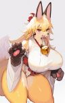  1girl animal_ears animal_hands animal_nose bell blonde_hair body_fur breasts claws fox_ears fox_girl fox_tail furry furry_female hair_between_eyes highres huge_breasts japanese_clothes jingle_bell kishibe long_hair looking_at_viewer miko open_mouth orange_fur original red_eyes smile snout solo tail thick_eyebrows thick_thighs thighs 