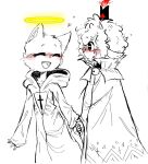 ambiguous_gender anthro blush bovid caprine clothed clothing cult_of_the_lamb dinkydooa domestic_cat duo felid feline felis female fluffy halo hand_holding happy hi_res lamb_(cult_of_the_lamb) mammal massive_monster_(studio) red_crown_(cult_of_the_lamb) robe ruri_(cult_of_the_lamb) sheep simple_background sketch smile white_background
