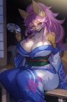  2022 absurd_res anthro asian_clothing big_breasts blue_eyes blush breasts canid canine cleavage clothed clothing east_asian_clothing female fox fur hair hi_res holding_object huge_breasts japanese_clothing kemono kimono long_hair looking_at_viewer mammal pink_hair sitting solo suurin_2 white_body white_fur yellow_body yellow_fur 