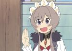  1girl absurdres aioi_yuuko blue_eyes brown_hair coat fur_coat fur_trim genshin_impact hand_up headband highres honda_mariko nichijou parody sandrone_(genshin_impact) short_hair short_hair_with_long_locks sudhiro_sappurisa voice_actor_connection 