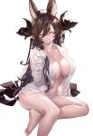  1girl absurdres animal_ears barefoot black_horns breasts brown_hair closed_eyes closed_mouth collarbone extra_ears facing_viewer feet galleon_(granblue_fantasy) granblue_fantasy hair_between_eyes highres horns large_breasts leon_v light_smile long_hair long_sleeves naked_shirt navel pointy_ears shirt simple_background sitting solo sweat white_background white_shirt 