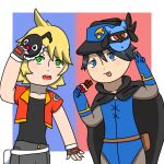  2boys border chatot chocolate gloves hat jack_walker mask mask_on_head multiple_boys open_mouth pokemon pokemon:_lucario_and_the_mystery_of_mew pokemon_(anime) pokemon_ranger_and_the_temple_of_the_sea pokemon_rse_(anime) riolu sir_aaron smile tongue upper_body white_border zyla_zo. 