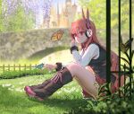  1girl absurdres akame_ga_kill! aki_no_kan blurry boots bug butterfly candy chelsea_(akame_ga_kill!) depth_of_field flower food grass headphones highres knees_up lollipop long_hair outdoors red_eyes sitting 
