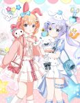  2girls absurdres animal_ears bag ball balloon black_bow blue_bow blue_eyes blue_footwear blue_hair blue_shirt boots bow brown_hair character_request closed_mouth commentary_request crossover feet_out_of_frame frilled_jacket frills gochuumon_wa_usagi_desu_ka? hair_between_eyes hair_bow hair_ornament hairband hairclip heart_balloon highres holding holding_ball hoto_cocoa hug jacket kafuu_chino knee_boots kneehighs long_sleeves multiple_girls my_melody onegai_my_melody open_clothes open_jacket parted_lips pink_hairband pink_jacket pink_socks pleated_skirt puffy_long_sleeves puffy_short_sleeves puffy_sleeves purple_eyes rabbit_ears rabbit_hair_ornament ryoutan sailor_collar sanrio shirt short_shorts short_sleeves shorts shoulder_bag skirt smile socks standing star_balloon striped_bow twintails vest white_footwear white_sailor_collar white_shirt white_shorts white_skirt white_socks white_vest wrist_cuffs x_hair_ornament 