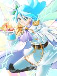  1boy artist_name blue_hair cape clear_glass_(mildmild1311) commentary_request cure_waffle eyelashes food gloves hair_ornament happy highres julio_(precure) kirakira_precure_a_la_mode long_hair looking_at_viewer magical_boy pikario_(precure) precure signature smile solo standing twitter_username waffle white_gloves 