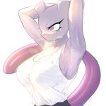 anthro big_breasts bittersyrup bodily_fluids breasts cleavage clothed clothing female generation_1_pokemon hi_res legendary_pokemon mewtwo nintendo pokemon pokemon_(species) purple_body purple_eyes purple_tail raised_arm simple_background solo sweat tail topwear white_background