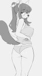 2024 anthro bangs breasts butt canid canine clothing digital_drawing_(artwork) digital_media_(artwork) eyewear female frown glasses greyscale hair hi_res hutomayuu long_hair looking_back mammal monochrome mouth_closed narrowed_eyes panties portrait raised_tail rear_view round_glasses simple_background solo tail three-quarter_portrait tied_hair topwear underwear white_background