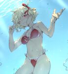  1girl bikini blonde_hair breasts bubble commentary hair_ribbon highres looking_at_viewer lycoris_recoil medium_breasts navel nishikigi_chisato one_eye_closed red_bikini red_eyes red_ribbon ribbon rou_(rou22) short_hair side-tie_bikini_bottom smile solo swimsuit thighs underwater v 