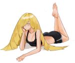  1girl absurdres ass barefoot black_shorts black_tank_top blonde_hair breasts cleavage closed_mouth collarbone commentary crop_top dolphin_shorts feet full_body green_eyes grey_trim hair_over_one_eye highres long_hair lusamine_(pokemon) lying on_stomach pokemon pokemon_sm shorts simple_background soles solo tank_top tefi_blum toes white_background 