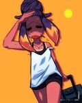  1girl =_= animal_ears beehive_hairdo black_shorts closed_eyes extra_ears hair_bun hand_up highres holding holding_suitcase hololive hot loen ninomae_ina&#039;nis open_mouth orange_background pointy_ears shaded_face shirt shorts sidelocks solo strap_slip suitcase sun sweat tan tank_top tanlines walking white_shirt 
