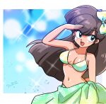  1girl :d bikini blue_eyes blush bow breasts brown_hair cleavage hair_bow hand_on_own_forehead kuonji_ukyou long_hair looking_to_the_side medium_breasts navel open_mouth palm_tree_print ranma_1/2 shading_eyes signature smile sparkle_background swimsuit two-tone_bikini two-tone_bow wanta_(futoshi) wrap_skirt 