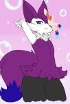 anthro black_legs blue_tail_tip blush bow_ribbon braixen canid canine chest_tuft digital_media_(artwork) dipstick_tail fangs fennec_fox fox fur generation_6_pokemon girly lusterblaze male mammal markings nintendo pokemon pokemon_(species) purple_body purple_eyes purple_fur shiny_pokemon smile solo stretching tail tail_markings teeth true_fox tuft white_arms