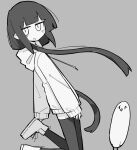  1girl animal bangs black_hair black_thighhighs boots fusazakura grey_background greyscale highres hood hoodie inabakumori_(vocaloid) jumping lag_train_(vocaloid) leather long_hair long_sleeves monochrome open_mouth solo thighhighs very_long_hair white_eyes white_hoodie zettai_ryouiki 
