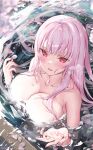  1girl black_nails blurry blurry_foreground blush breasts cherry_blossoms collarbone from_above highres hololive hololive_english kamiya_maneki large_breasts long_hair looking_at_viewer looking_up mori_calliope nude partially_submerged petals purple_eyes purple_hair solo wet 