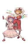  2girls absurdres ascot bat_wings blonde_hair bow commentary crystal_wings dated flandre_scarlet full_body hat hat_bow highres hua_ha_jiazi mob_cap multiple_girls pink_shirt pink_skirt purple_hair red_bow red_eyes red_footwear red_skirt red_vest remilia_scarlet shirt short_hair short_sleeves siblings simple_background sisters skirt symbol-only_commentary touhou vest white_background wings yellow_ascot 