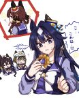  =_= ? animal_ears blue_eyes blue_hair blue_ribbon bow bowtie brown_hair cheval_grand_(umamusume) commentary dark_blue_hair doughnut ear_covers food gentildonna_(umamusume) hair_between_eyes hair_ribbon hat hat_belt heart-shaped_ornament heart_ear_ornament hide_oo highres holding holding_food horse_ears horse_girl horseshoe_ornament long_hair long_sleeves mister_donut mole mole_under_eye multicolored_hair peaked_cap pon_de_ring purple_sailor_collar purple_serafuku purple_shirt red_eyes ribbon sailor_collar school_uniform serafuku shirt single_ear_cover streaked_hair tracen_school_uniform twintails umamusume v_sisters verxina_(umamusume) vivlos_(umamusume) white_bow white_bowtie white_hair white_hat 