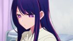  1girl anime_screenshot bedroom blurry blurry_background closed_mouth hood hood_down hoodie hoshino_ai_(oshi_no_ko) jitome long_hair looking_down non-web_source oshi_no_ko purple_hair solo symbol-shaped_pupils white_hoodie 