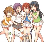  4girls :d :o ahoge ball bandaid bandaid_on_face bare_shoulders black_hair black_skirt blue_hairband blue_shirt bob_cut breasts brown_eyes cat character_request chasing closed_eyes collared_shirt commentary_request extraction feet_out_of_frame green_shirt hair_between_eyes hairband hand_on_another&#039;s_shoulder jumping kirisawa_juuzou large_breasts light_brown_hair long_hair looking_at_another looking_at_viewer midriff_peek miniskirt multiple_girls navel open_mouth original own_hands_together pleated_skirt purple_hair racket red_eyes red_hair shirt shoes short_hair simple_background skirt sleeveless sleeveless_shirt small_breasts smile sneakers sportswear standing tennis_ball tennis_racket tennis_skirt tennis_uniform usakame v w_arms white_background white_shirt white_skirt yellow_shirt 
