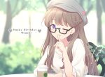  1girl ;) arm_on_table arms_on_table black-framed_eyewear blurry blurry_background braid brown_hair character_name coffee_cup commentary cup disposable_cup english_text finger_to_mouth french_braid fujishima_megumi glasses grey_hat happy_birthday hat heart highres link!_like!_love_live! long_hair love_live! on_chair one_eye_closed outdoors purple_eyes rainbow semi-rimless_eyewear shirt shushing sidelocks sitting smile tree under-rim_eyewear white_shirt yutuki_ame 