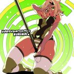  1girl absurdres akatsuki_kirika between_legs blonde_hair breasts covered_navel covered_nipples green_eyes green_leotard green_thighhighs hair_ornament highres inagata leotard looking_at_viewer medium_breasts pole_dancing scythe senki_zesshou_symphogear shiny_skin short_hair skindentation solo striped_clothes striped_thighhighs thighhighs x_hair_ornament 