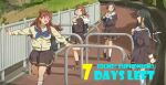  bag bandana black_bag black_hair black_socks blue_eyes blue_neckerchief brown_cardigan brown_eyes brown_footwear brown_hair brown_serafuku brown_shirt brown_skirt cardigan closed_mouth commentary_request cone_hair_bun countdown day fuyuhino glasses hair_bun hariya_kaho hibike!_euphonium highres kamaya_suzume kamiishi_yayoi kitauji_high_school_uniform kneehighs loafers long_hair long_sleeves low-tied_long_hair neckerchief open_mouth outdoors pink-framed_eyewear pleated_skirt red_bandana red_eyes red_footwear running sailor_collar school_bag school_uniform serafuku shirt shoes short_hair shoulder_bag skirt socks white_sailor_collar white_socks yoshii_sari 