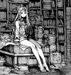  1boy androgynous bare_legs barefoot book book_stack bookshelf closed_mouth danganronpa_(series) danganronpa_v3:_killing_harmony expressionless greyscale hair_over_shoulder indoors long_hair looking_at_viewer lowres male_focus mankintan monochrome no_mask parted_bangs shinguji_korekiyo shirt sidelocks sitting sketch solo 