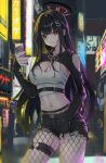  1girl absurdres black_halo blue_archive bright_pupils city crop_top denim denim_shorts fishnet_pantyhose fishnets halo highres holding holding_phone long_sleeves looking_at_viewer navel night pantyhose phone red_eyes rio_(blue_archive) shorts solo white_pupils yum_draw 