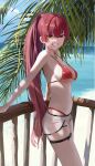  1girl absurdres balcony bangs bikini blush breasts heterochromia highres hololive houshou_marine jewelry large_breasts leaf logknn long_hair looking_at_viewer ocean ponytail red_bikini red_eyes red_hair short_shorts shorts smile solo swimsuit thigh_strap virtual_youtuber yellow_eyes 