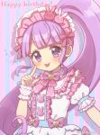  1girl :p blunt_bangs blush commentary_request dress finger_to_cheek frilled_dress frills hand_up happy_birthday index_finger_raised lolita_fashion long_hair looking_at_viewer manaka_non pretty_series pripara puffy_short_sleeves puffy_sleeves purple_eyes purple_hair short_sleeves side_ponytail sidelocks smile solo standing striped_background sweet_lolita tabana tongue tongue_out very_long_hair white_dress wrist_cuffs 