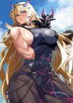  1boy 1girl arm_under_breasts armor bangs bare_shoulders biceps black_dress black_gloves blonde_hair blue_sky blurry blurry_background breasts chain chaldea_uniform covered_navel dress earrings elbow_gloves fairy_knight_gawain_(fate) fairy_knight_gawain_(second_ascension)_(fate) fate/grand_order fate_(series) fujimaru_ritsuka_(male) gauntlets gloves green_eyes heterochromia highres horns jewelry kawabata_yoshihiro large_breasts long_hair looking_to_the_side muscular muscular_female open_mouth pantyhose pauldrons pelvic_curtain red_eyes shoulder_armor sideboob single_gauntlet single_pauldron sky solo_focus thick_thighs thighs very_long_hair 