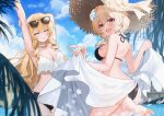  2girls ayul_(ayulneri_92) bare_shoulders bikini black_bikini blonde_hair blue_sky breasts closed_eyes flower genshin_impact hair_flower hair_ornament hat highres long_hair looking_at_viewer looking_back lumine_(genshin_impact) medium_breasts multiple_girls navia_(genshin_impact) open_mouth sarong short_hair_with_long_locks sidelocks sky smile straw_hat sunglasses swimsuit white_sarong yellow_eyes 