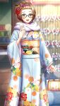  1girl :d bag black-framed_eyewear blue_kimono brown_eyes brown_hair day doukyuusei_2 doukyuusei_another_world floral_print flower game_cg glasses hair_flower hair_ornament hairband hairpin handbag holding holding_bag japanese_clothes kimono lens_flare long_sleeves looking_at_viewer mizuno_tomomi obi official_art open_mouth outdoors print_kimono purple_hairband red_flower sash smile solo standing wide_sleeves 
