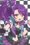  1girl :d black_collar black_gloves breasts cleavage clenched_hand collar commentary_request cowboy_shot crop_top cropped_jacket fingerless_gloves gloves hair_ornament hands_up jacket layered_skirt long_hair looking_at_viewer navel open_clothes open_jacket open_mouth outstretched_arm pretty_series pripara purple_hair side_ponytail skirt small_breasts smile solo standing tabana toudou_shion white_gloves wing_hair_ornament yellow_eyes 