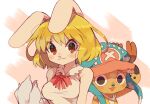  1boy 1girl animal_ears antlers blonde_hair bow bowtie brown_eyes carrot_(one_piece) commentary_request cross hat highres horns looking_at_viewer one_piece rabbit_ears rabbit_girl reindeer_antlers shirt short_hair simple_background sleeveless smile tokuura tony_tony_chopper twitter_username upper_body white_shirt 