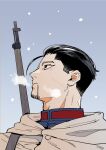  1boy absurdres black_eyes black_hair blue_jacket breath cloak collared_jacket day facial_hair from_side goatee golden_kamuy gun gun_sling hair_slicked_back highres hood hood_down hooded_cloak jacket looking_up male_focus momomo_(pixiv_32272943) ogata_hyakunosuke outdoors parted_lips profile rifle snowing solo teeth undercut weapon weapon_on_back white_cloak 