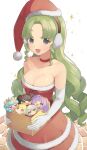  1girl :d absurdres bad_id bad_twitter_id bare_shoulders box breasts brick_floor character_doll choker cleavage colored_eyelashes commentary_request dress earmuffs elbow_gloves falulu falulu_(awakened) fur-trimmed_dress fur-trimmed_headwear fur_trim gaaruru_(pripara) gloves green_hair grey_eyes hair_down hat highres holding holding_box inactive_account large_breasts long_hair looking_at_viewer manaka_laala midorikaze_fuwari open_mouth parted_bangs pom_pom_(clothes) pretty_series pripara red_choker red_dress red_hat santa_costume santa_hat shikyoin_hibiki shiyurinpu sidelocks smile solo standing strapless strapless_dress unicorn_(pripara) very_long_hair white_gloves 