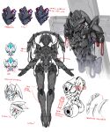  1girl absurdres armor cable character_profile donxxxs full_body highres joints mecha_musume mechanical_parts multiple_views original reference_sheet robot robot_girl robot_joints science_fiction simple_background solo standing white_background 