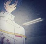  1boy blood blood_on_clothes blood_on_face blue_hair bright_pupils capelet ceiling ceiling_light chromatic_aberration closed_mouth fluorescent_lamp from_below frown indoors long_sleeves male_focus safe3133 saibou_shinkyoku shirt short_hair solo uniform upper_body utsugi_noriyuki white_capelet white_shirt 