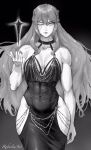  1girl artist_name braid breasts character_request closed_mouth collarbone covered_navel cowboy_shot dress elden_ring greyscale hair_between_eyes highres hip_vent lips long_hair monochrome one_eye_closed robusta_mania solo spot_color yellow_eyes 