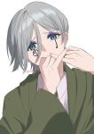  1boy bishounen blue_eyes collared_shirt earrings facial_mark green_robe grey_hair hair_between_eyes highres jewelry kani_410 looking_at_viewer margarette_macaron mashle parted_bangs robe shirt short_hair simple_background solo stud_earrings twitter_username white_background 