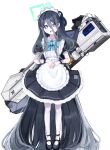  1girl :d @_@ absurdly_long_hair absurdres apron aqua_halo aris_(blue_archive) aris_(maid)_(blue_archive) black_dress black_footwear black_hair black_wristband blue_archive blue_bow blue_bowtie blue_eyes bow bow-shaped_hair bowtie collared_shirt dress frilled_apron frilled_dress frills full_body hair_between_eyes hair_intakes hair_over_shoulder hands_on_own_stomach head_tilt highres huge_weapon long_hair looking_at_viewer maid maid_apron maid_headdress mary_janes number_print official_alternate_costume onmoynn pantyhose pleated_dress puffy_short_sleeves puffy_sleeves railgun shirt shoes short_sleeves sidelocks simple_background smile standing teeth upper_teeth_only very_long_hair weapon weapon_on_back white_apron white_background white_pantyhose 
