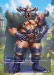  1boy 6suan abs armor bare_pectorals bulge censored censored_text chest_belt dark-skinned_male dark_skin draph full_body gauntlets granblue_fantasy grass greaves helmet highres horns large_pectorals male_focus muscular muscular_male pauldrons pectorals shoulder_armor solo standing subtitled thick_thighs thighs vaseraga 