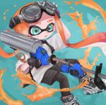  1girl aqua_background aqua_eyes black_leggings black_shorts commentary_request cross-laced_footwear e-liter_4k_(splatoon) goggles goggles_on_head gun highres holding holding_gun holding_weapon inkling inkling_girl inkling_player_character leggings leggings_under_shorts long_hair mori_(spmoiy) open_mouth orange_hair paint shirt shoes shorts simple_background solo splatoon_(series) splatoon_3 tentacle_hair weapon white_shirt 