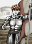 1girl armor axsajim castle d&#039;arce_(fear_&amp;_hunger) fear_&amp;_hunger flag holding holding_sword holding_weapon orange_hair sword tagme union_jack weapon 