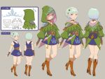  1girl absurdres blue_dress boots braid brown_footwear concept_art dress ena_(monster_hunter) fewer_digits green_hood grey_background hair_ornament highres hood jewelry knee_boots monster_hunter_(series) monster_hunter_stories_2 multiple_views necklace official_art parted_lips pointy_ears red_eyes short_hair simple_background sleeveless sleeveless_dress white_hair 