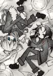  &lt;o&gt;_&lt;o&gt; 2girls bangs black_eyes black_footwear black_hair blonde_hair blue_eyes bottle chito_(shoujo_shuumatsu_ryokou) coat creature fur-trimmed_coat fur_trim green_coat greyscale gun highres leoleonardk10 long_hair low_twintails lying messy_hair monochrome multiple_girls no_headwear no_helmet no_mouth nuko_(shoujo_shuumatsu_ryokou) on_side pants rifle shoes shoujo_shuumatsu_ryokou twintails weapon wine_bottle yuuri_(shoujo_shuumatsu_ryokou) 