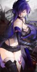  1girl absurdres acheron_(honkai:_star_rail) black_(blackfallsensei) black_choker black_gloves black_shorts breasts choker cleavage commentary cowboy_shot elbow_gloves gloves highres honkai:_star_rail honkai_(series) large_breasts leg_tattoo long_hair midriff navel purple_eyes purple_hair short_shorts shorts single_bare_shoulder solo standing tattoo thighs very_long_hair 