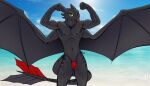 anthro beach bikini_thong clothing dragon dreamworks european_mythology flexing hi_res how_to_train_your_dragon iudicium86 male mythological_creature mythological_scalie mythology night_fury one_eye_closed outside scalie skinny_male slim solo spread_wings swimwear tongue tongue_out toothless western_dragon wings wink