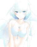  1girl bangs bare_arms bare_shoulders beluga_whale_(kemono_friends)_(stylecase) bikini blue_bikini blue_eyes blue_hair breasts collarbone commentary_request gradient_hair hair_between_eyes highres jacket jacket_on_shoulders jewelry kemono_friends large_breasts light_blush looking_at_viewer multicolored_hair necklace original short_hair simple_background smile solo stylecase swimsuit upper_body v_arms white_background white_hair white_jacket 